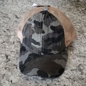 Gray camo distressed criss cross CC baseball cap